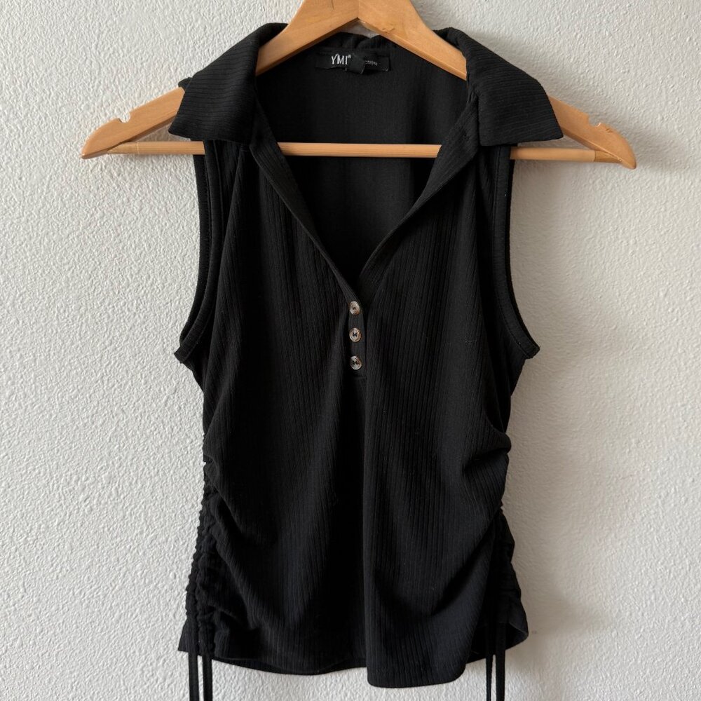YMI Black Sleeveless Ruched Sides Ribbed Collard Top Size L‎